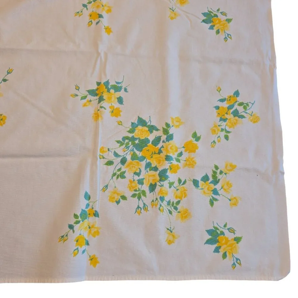Vintage Floral Tablecloth 53x65 Yellow Roses Mid-Century Country Cottage Style